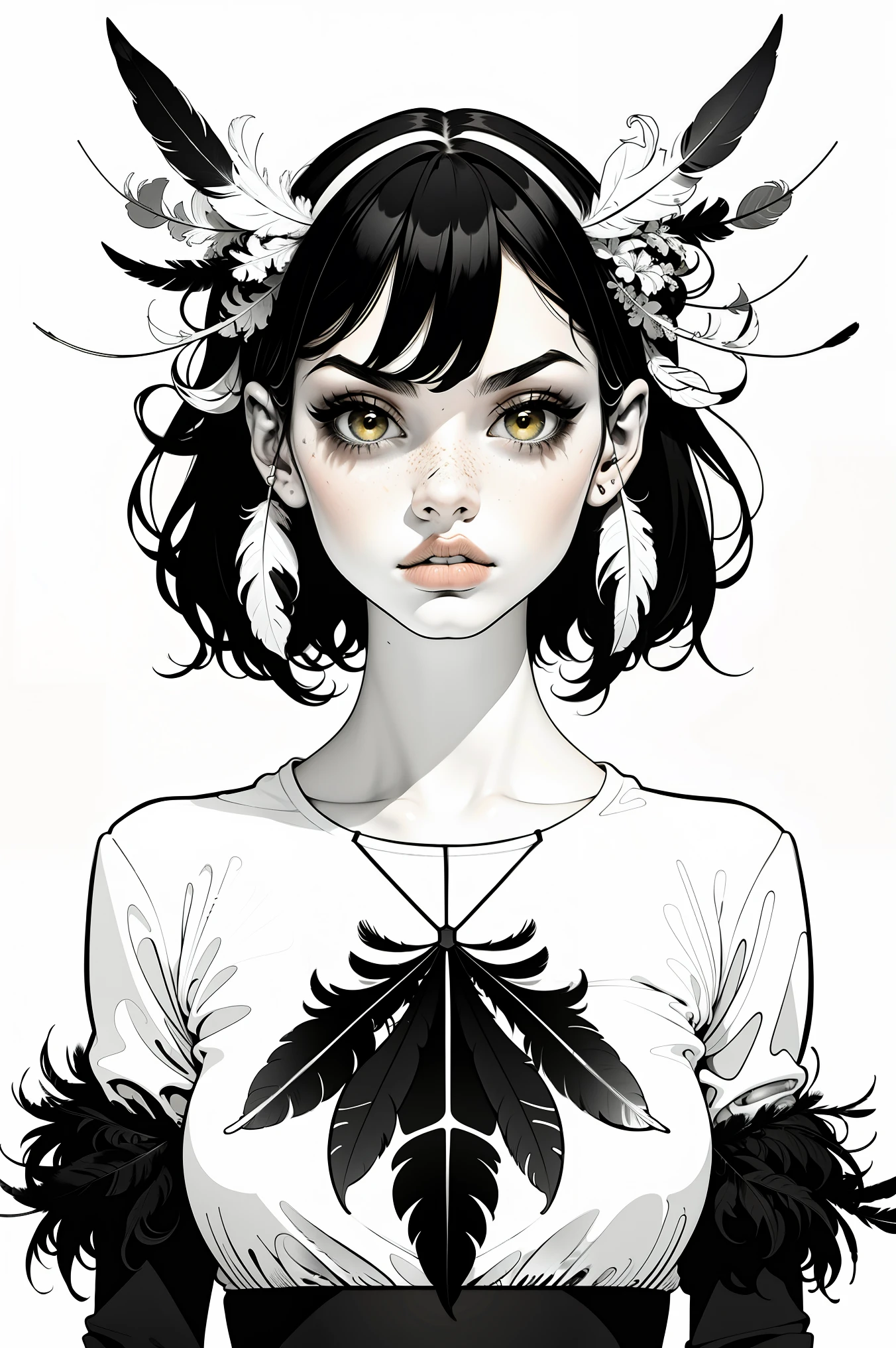 partial coloring, Line style, (masterpiece, best quality:1.2), (Simple background:1.5), 1 Girl, (Black and white feathers, Symmetrical composition:1.25)
