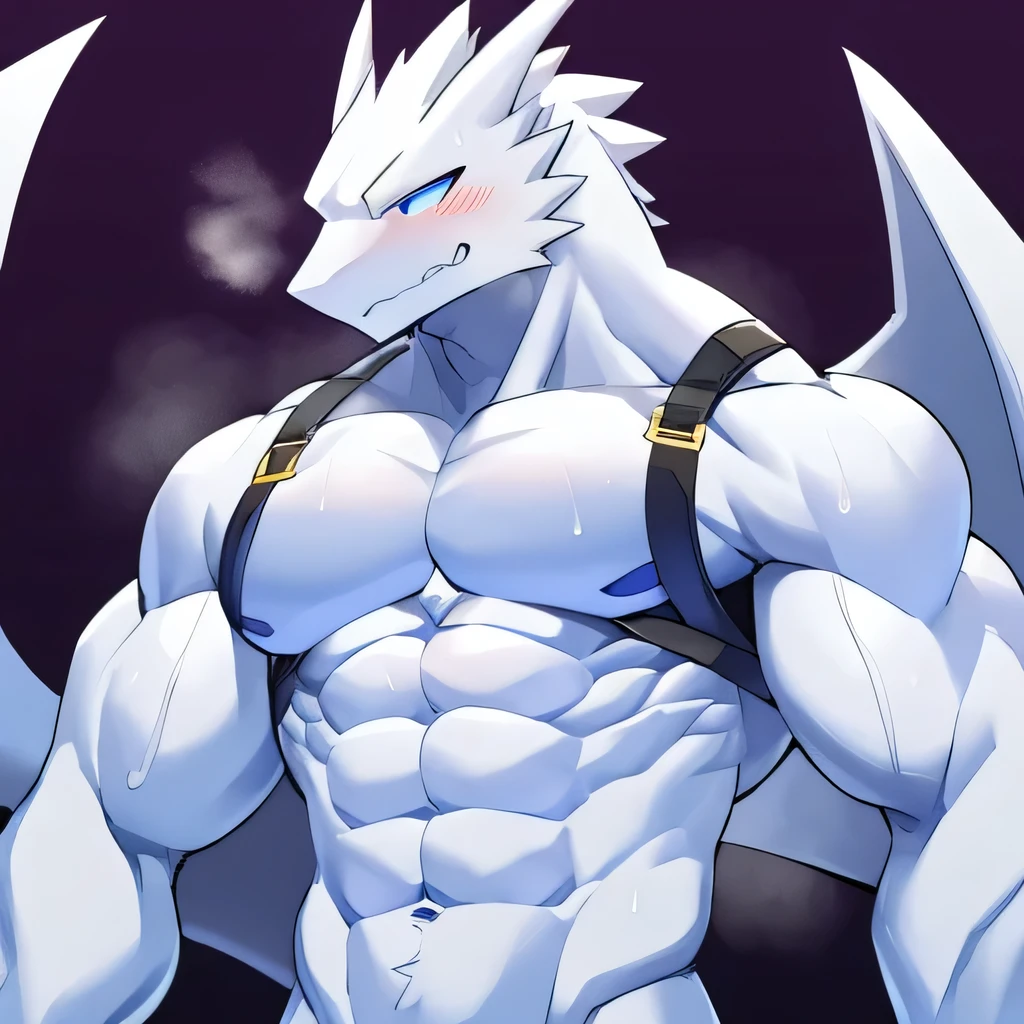 Thin macho white dragon abs Hollow abs thick arms chest rig 、sweaty skin glow profile Wearily short of breath clenching one's back teeth Knees on the floor rubber suit