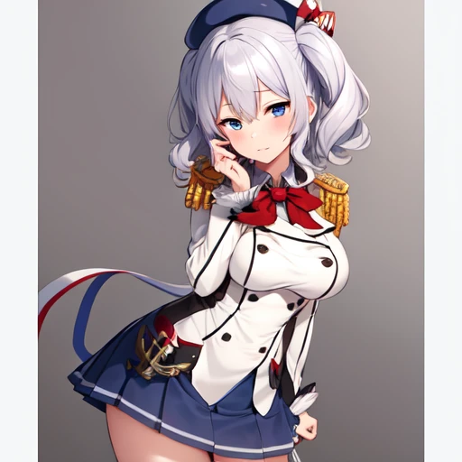 (masterpiece, best quality:1.2),giggle,A hand touched his chest,illustration,8K,HD,1 girl,solitary,portrait,blush,white hair,blue eyes,curls,Double tail,Berets,Epaulettes,Ruffled sleeves,Jacket,Large Breasts,Long sleeve,,mini skirt,Pleated Skirt,Red tie,White gloves,anchor,Solid color background