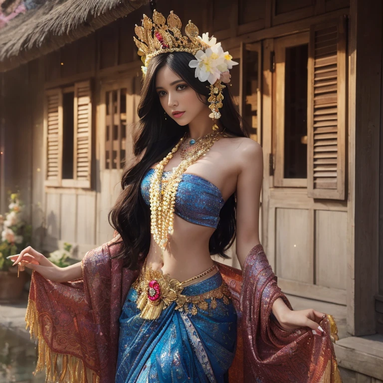 4k, UHD, masterpiece, 1 girl, good face, ((detailed eyes)), very long hair, impressive hairstyle, perfect brasts, fantasy clothing, ((rainbow clothing)), (strips:1.3), night city, building, lamps, depth of field, reflection light, ((sparkle)), chromatic aberration, big breasts