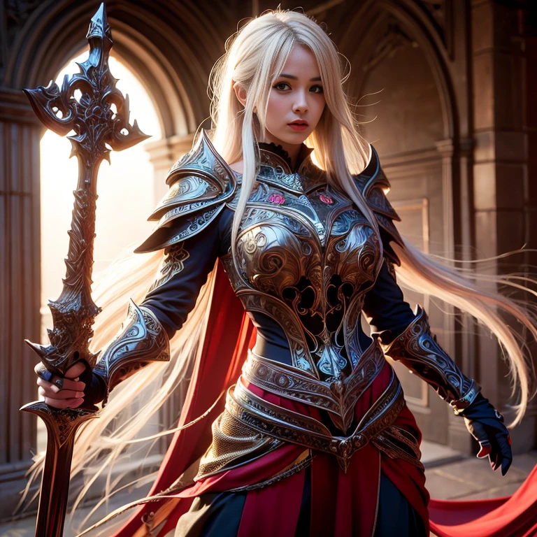 beautiful lady, subtle makeup, photorealistic, high contrast, 8k HD, detailed, hyper-detailed, realistic skin texture, perfect anatomy, perfect female body,
long hair, white hair color, big breast, perfect nose, blue eyes, glowing eyes,
best quality, ultra high res, raw photo, diffuse glow, full body angelic armor, cape, holding sword,
stylish pose, medieval theme