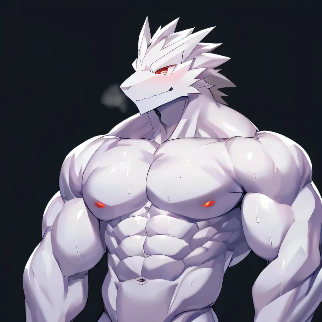 Thin macho white dragon abs Hollow abs thick arms chest rig 、sweaty skin glow profile Wearily short of breath clenching one's back teeth Knees on the floor rubber suit