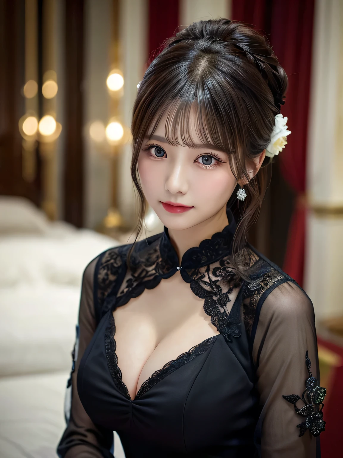 (Eyes facing forward 2.5),(Big Tits 1.8),(A gorgeous Chinese dress with a beautiful cleavage 1.8),(The color of the Chinese dress is black),(Table Top 1.8),masterpiece,Highest Resolution,Dynamic bust of a beautiful Chinese woman,Delicate black bun,,Black clear eyes,Her hair is covered with beautiful and delicate floral detailing., crystal jewelry filigree,Ultra-detailed details,beauty effect,Soft Lighting。