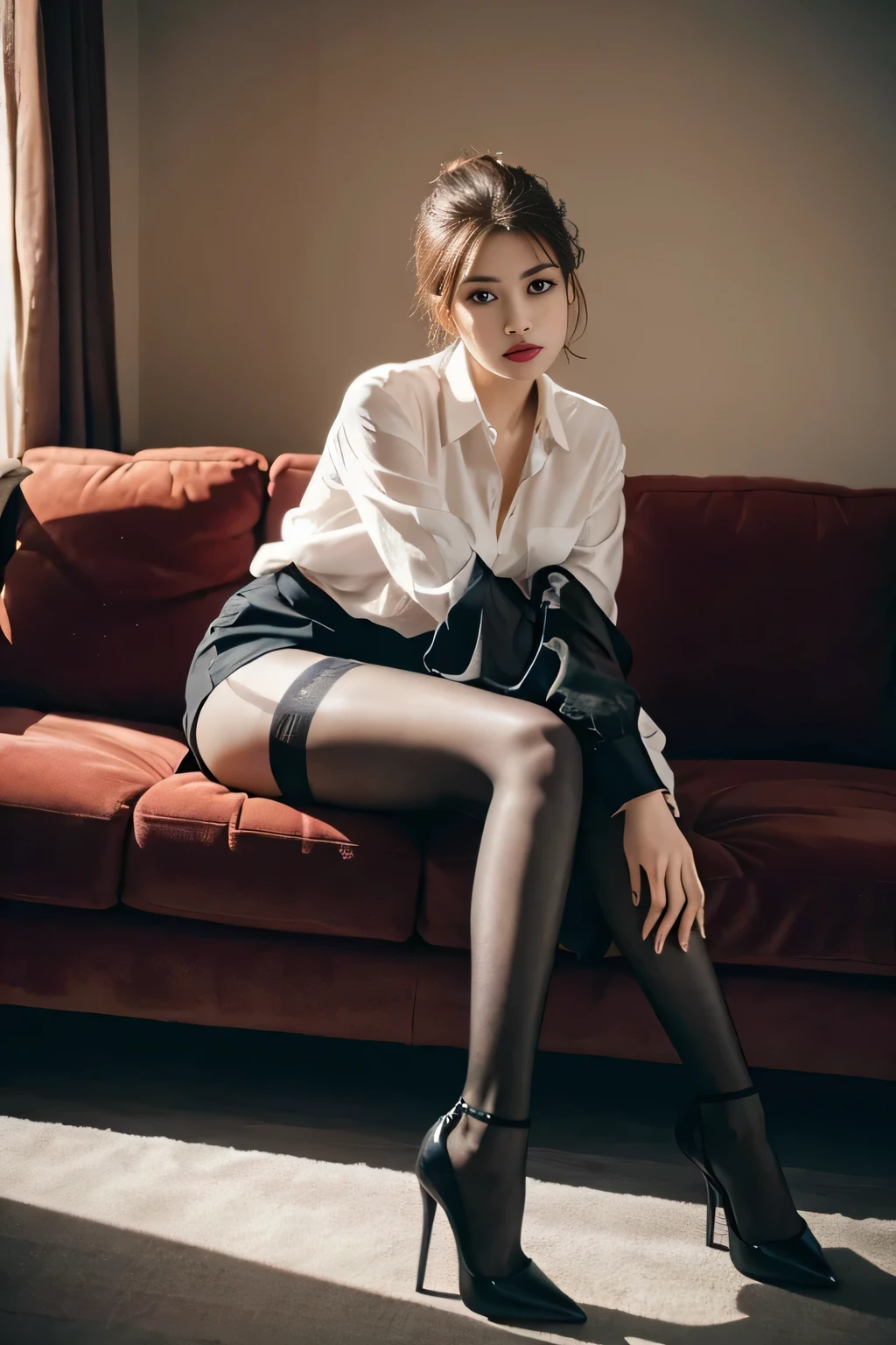 one-girl,Sit on a comfortable sofa,Cross ed leg,Soft light，wearing silk stockings，Wear a shirt ，Wear high heels，