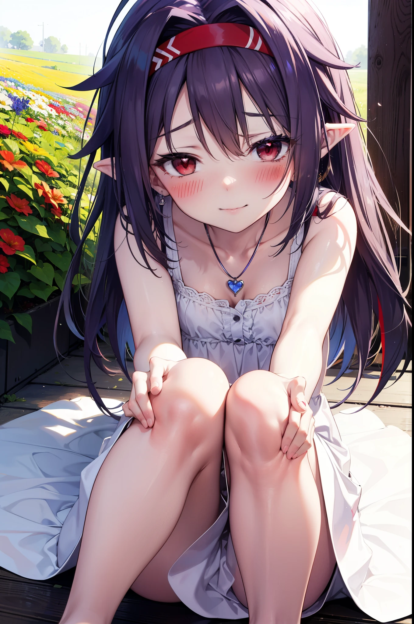 yuukikonno, Konno Yuuki, hair band, Long Hair, Pointed Ears, Purple Hair, (Red eyes:1.5), (Small breasts:1.2), Squint both eyes,blush,happy smile, smile, Close your mouth,White sleeveless dress,Bare arms,Heart Pendant,Long skirt,Barefoot flower crown,whole bodyがイラストに入るように,Sitting,Looking up from below,
break looking at viewer, whole body,
break outdoors, nature,Flower Field,
break (masterpiece:1.2), highest quality, High resolution, unity 8k wallpaper, (figure:0.8), (Beautiful fine details:1.6), Highly detailed face, Perfect lighting, Highly detailed CG, (Perfect hands, Perfect Anatomy),