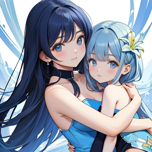 (top quality, masterpiece, ultra-realistic), portrait of two beautiful and delicate girls with soft and peaceful expression, mother and daughter, hair color, bangs, hairstyle fax, portrait from waist up, naked, bathing, sweating, ladies, light green long black hair, gray eyes, hair spread on the surface of the water, blunt bangs, immersed in water to chest, smile, mouth wide open, selfie, mother with big breasts, daughter with small breasts, Focus on the mouth, outdoor hot spring