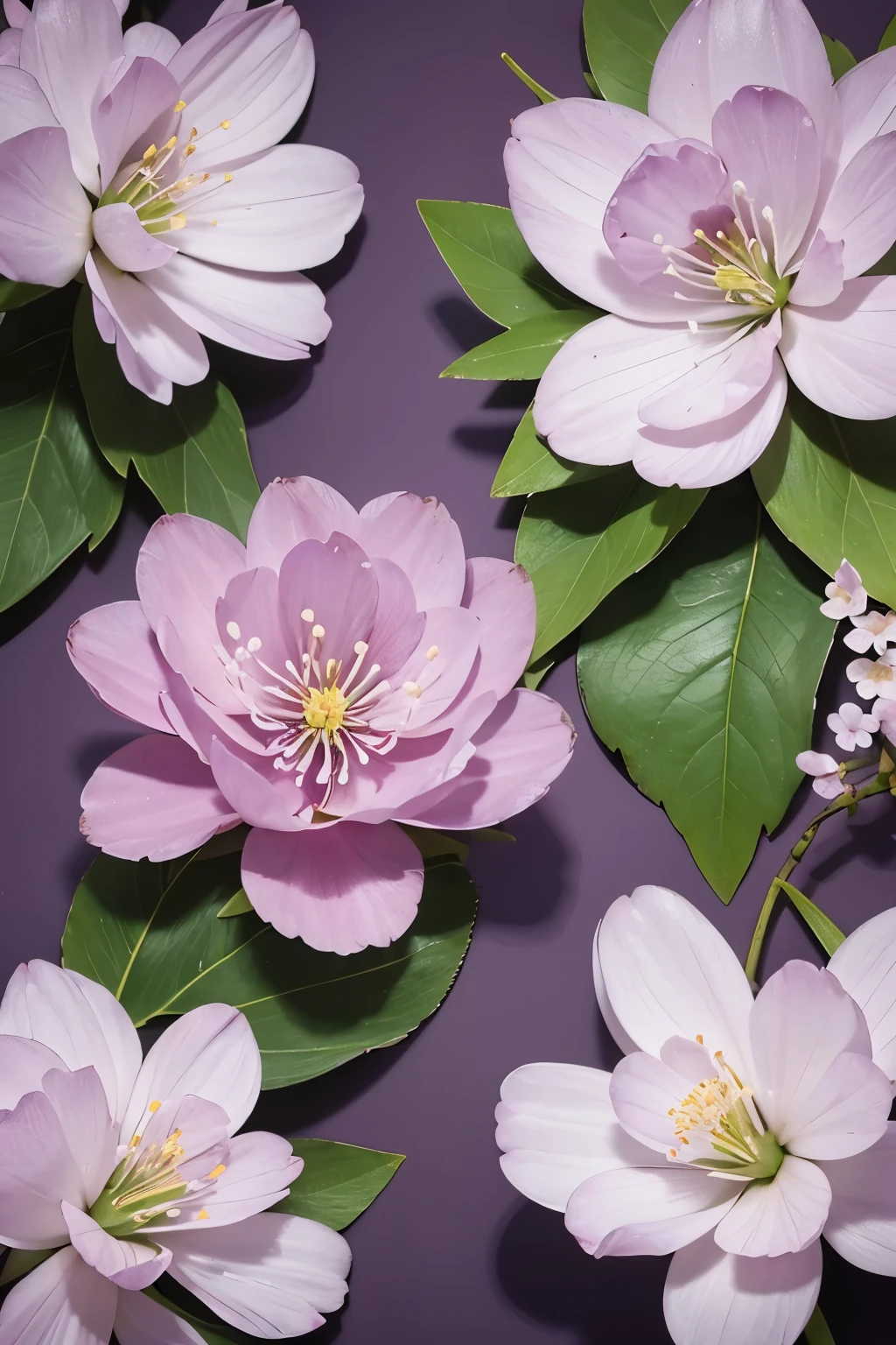 Cherry blossoms，Green Leaf，Combination Arrangement，Purple background