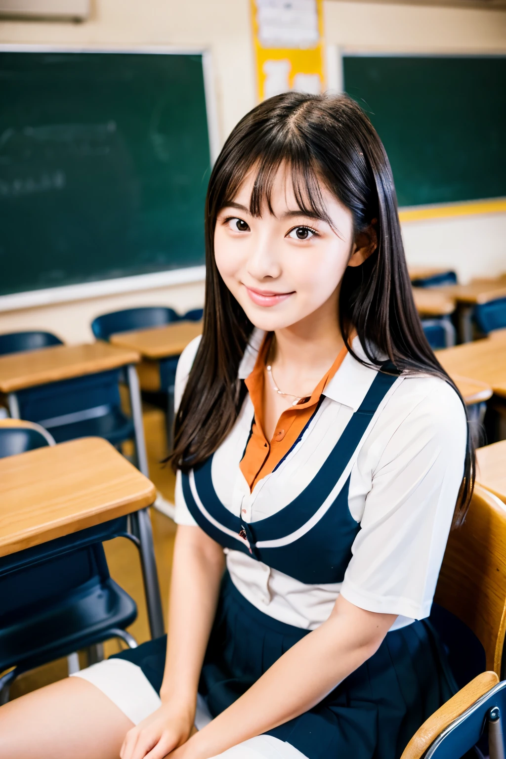 A 20-year-old female teacher with a cute idol-like face　She is a high school teacher　Gentle and cute　High school classroom　All the students are seated　The teacher is standing in front of the blackboard in the classroom and giving a lecture　Cleavage　Whole body　Full body portrait　RAW Photos　Genuine　Genuine　Real Stick　High resolution　Genuine life　No copyright notice