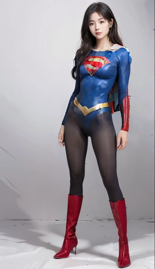 No background、(((Beautiful legs in black tights.)))、(((Legally express the beauty of your smile)))、((((Make the most of your original images)))、(((Supergirl Costume)))、(((Beautiful short hair)))、(((Smiles and winks)))、(((Please wear black tights....、Wear red boots)))、((Best image quality、8k))、((highest quality、8k、masterpiece:1.3))、(((Preserve background )))、Sharp focus:1.2、Beautiful woman with perfect figure:1.4、Slim Abs:1.2、Wet body:1.5、Highly detailed face and skin texture、8k