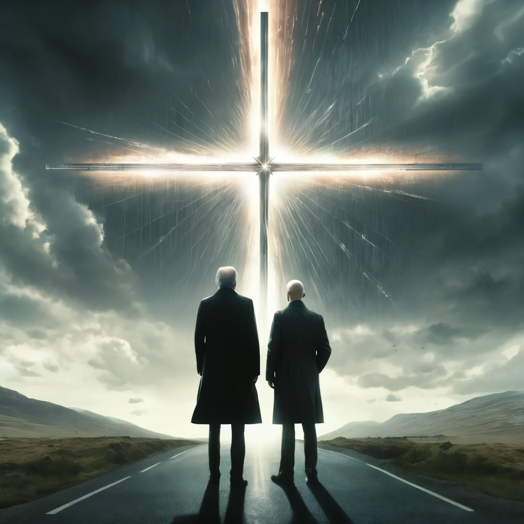 two people standing on a road in front of a cross, juno promotional image, hans zimmer soundtrack, men look up at the sky, still from the matrix, godrays, x-men, the three suns, 2 0 2 0 s promotional art, promotional render, by roger deakins, highres, promotional photo