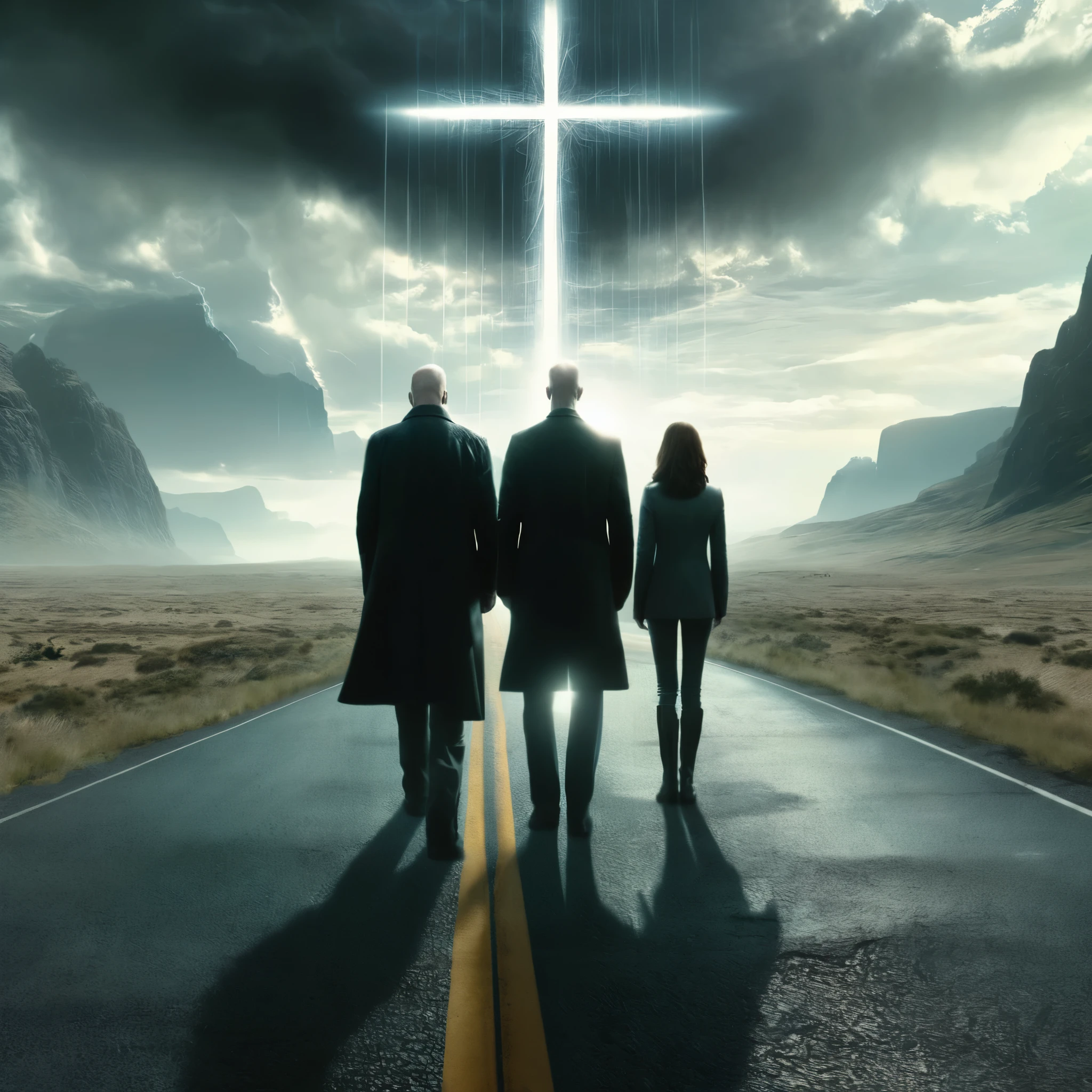 two people standing on a road in front of a cross, juno promotional image, hans zimmer soundtrack, men look up at the sky, still from the matrix, godrays, x-men, the three suns, 2 0 2 0 s promotional art, promotional render, by roger deakins, highres, promotional photo