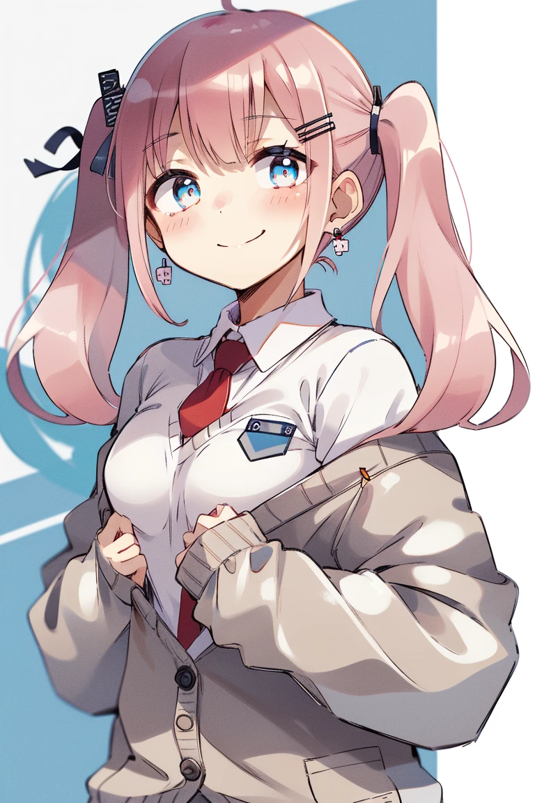 Pink Hair、blue eyes、 girl、Small breasts、Twin tails、Laughter、Nico Nico Smile、wearing a knit cardigan、Wink、 girl、Looks about 、Petan Musume、girl、uniform、 girl、accessories、ear piercing、Cute hairpin、hair ornaments、Gal-like、at school、The look of temptation、sexy、My tie is loose、The chest is slightly visible.