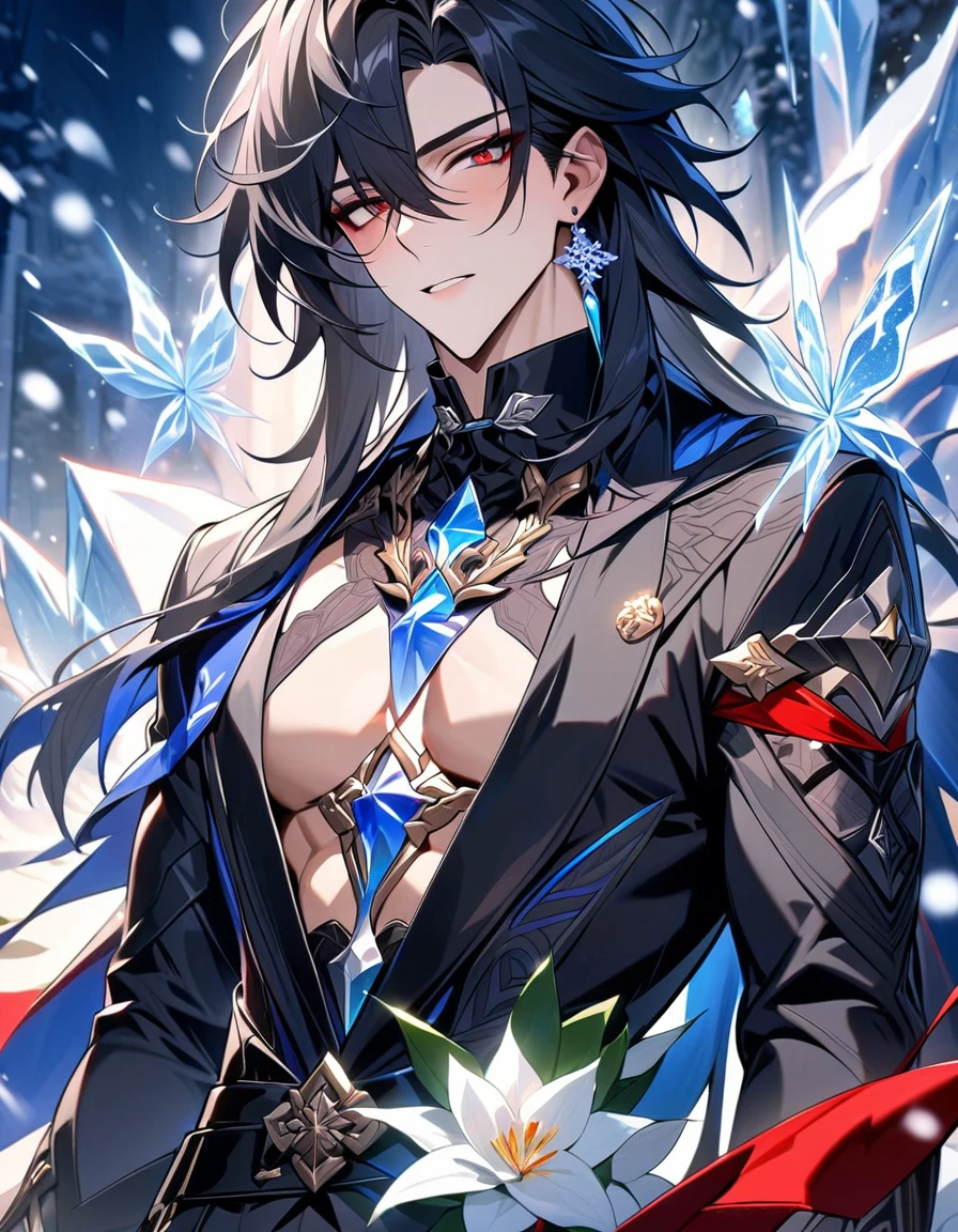 (absurdres, highres, ultra detailed, HDR) master piece, best quality, Ren, black long hair, expressive red eyes, honkai star rail, solo, sexy man, handsome, toned chest, black clothes, patterns, magical fantasy, ice butterflies, glittering, sparkling, winter, snowing, snowflakes, ice lilies, gemstones