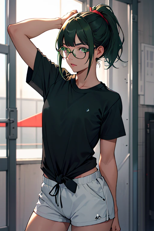 Tall, athletic young woman with dark green eyes and dark green hair, tied in a ponytail hairstyle. She has straight bangs and wears a pair of glasses, with a black shirt. 