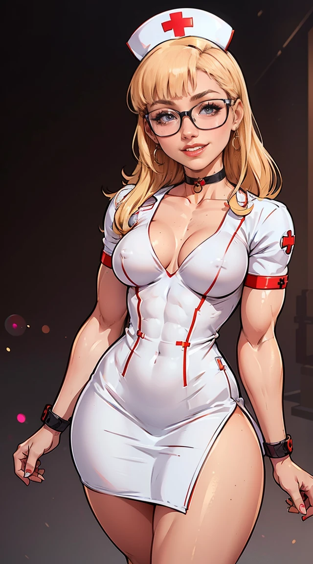 (Muscular:1.5), (thick thighs:1.5), 
blonde woman, pale skin, blunt bangs, long hair, beauty mark, freckles,
eyeshadow, earrings, red lipstick, glasses,
detailed eyes, (big smile:1.5), detailed skin,
(small breasts:2),
(choker, nurse dress:1.5), 
(upper body view), (looking at viewer), (three quarter view:1.4),
rim lighting, two tone lighting, dimly lit