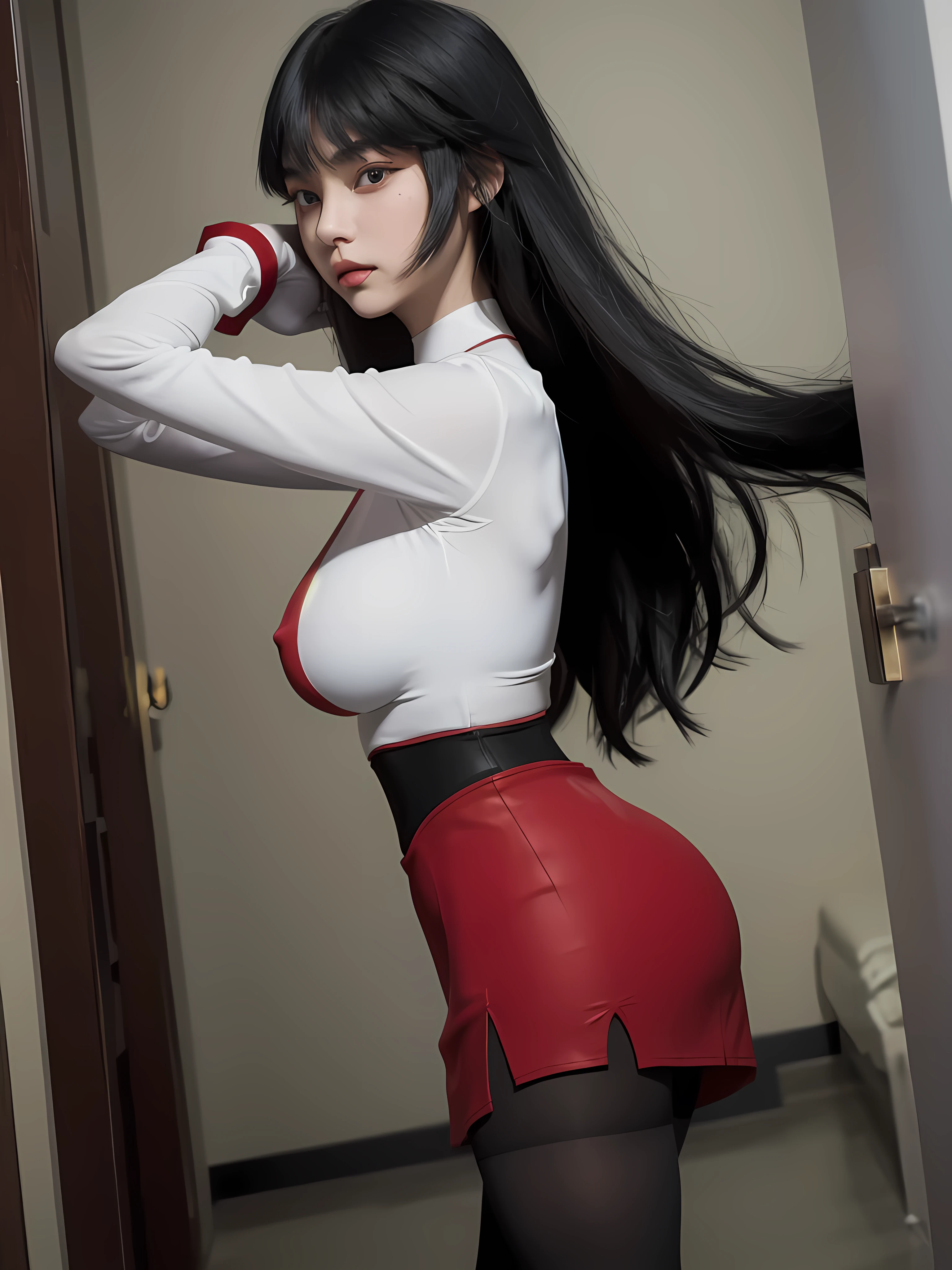 masterpiece, best quality, frlgsabrina, blunt bangs, very long hair, black hair, black bodysuit, red crop top, red sleeves, red skirt, white gloves, black pantyhose, large breasts, looking at viewer, from side, hallway