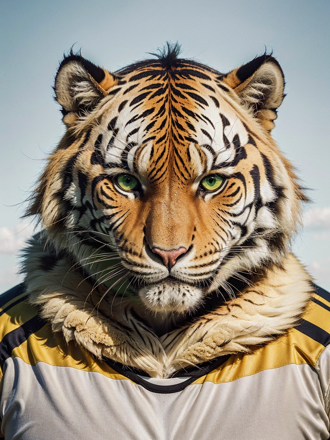 a hyper realistic photograph of 1 tiger wearing a sport Jersey, with incredibly detailed yellow-green eyes, ultra realistic fur, masterpiece, best quality, 4k, 8k, highres, extremely detailed, vivid colors, photo-realistic, studio lighting, physically-based rendering