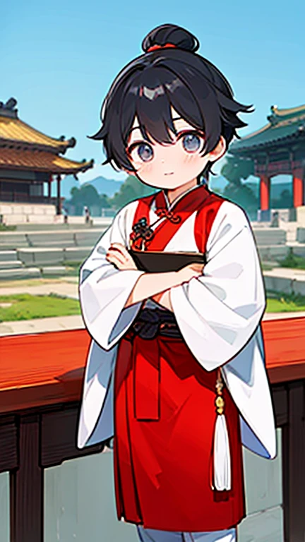 Three Kingdoms、Boy in ancient Chinese costume、Intelligent boy、Looking into the camera、There is a topknot on the head、Long sleeve、Hanfu、Black Hair、Standing and posing with arms crossed