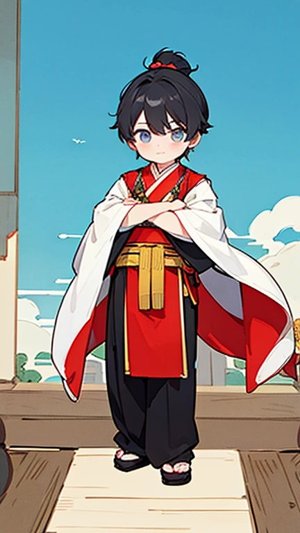 Three Kingdoms、Boy in ancient Chinese costume、Intelligent boy、Looking into the camera、There is a topknot on the head、Long sleeve、Hanfu、Black Hair、Standing and posing with arms crossed