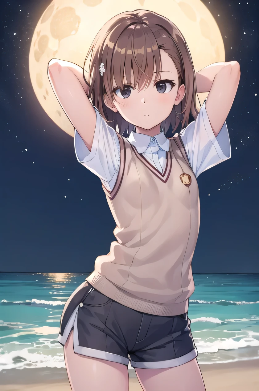 short hair, brown hair, black eyes, empty eyes, shaking hips, sweater vest, shirt, shorts, white shirt, pleated shorts, v-neck, short sleeves, tokiwadai , misaka imouto,  solo, night sky, beach, arms behind head, contrapposto, spread armpits, closed mouth, (cowboy shot:1.5), looking at viewer, 