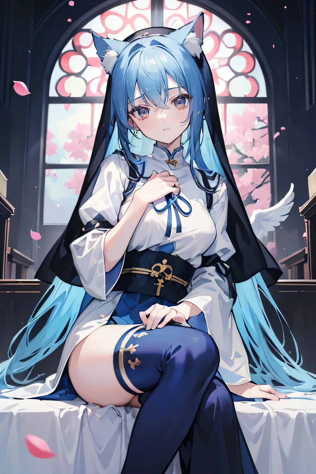 (masterpiece:1.2),Extremely detailed,Practical,expressive eyes,Fair skin,Perfect face shaping,1 Girl,
Japanese cartoons,Gorgeous blue hair, the long flowing blue hair,Floating clothes,Cat ears,Petals fall,beautiful lola,Young Angel,
Place your hands on your waist,sit elegantly on the ground,Cross your legs,Gentle and peaceful background,church,Nun's Clothes,back view,lie on the water.