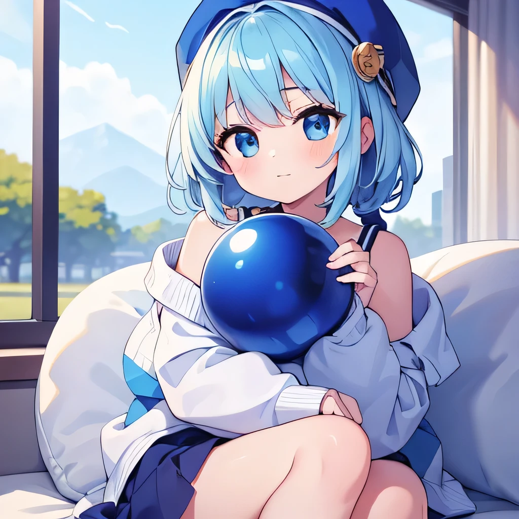 ((highest quality)), ((masterpiece)), (detailed), Perfect Face、A cute wearing a sky blue hat is sitting、There are lots of big blue balls rolling around the girl.