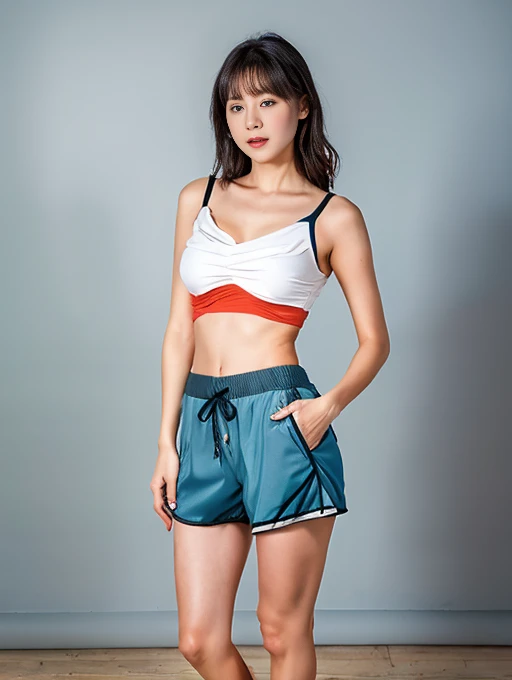 (High resolution、8k)、1.woman、21歳の可愛いwoman、(Shorts with less fabric:2)、(white、race、Tight bandeau top:1.2)、From the knee up、背筋を伸ばしてStanding、With a telephoto camera、She is looking at her boyfriend who is standing behind the camera.、(Big Breasts:1.2)、Thick and glossy lips、Gentle Eyes、Standing leaning against a light blue wall、(Standing:1.5)、belly button、(Light brown hair、Wolf Cut) 、barefoot、Very realistic、Tanned skin tone