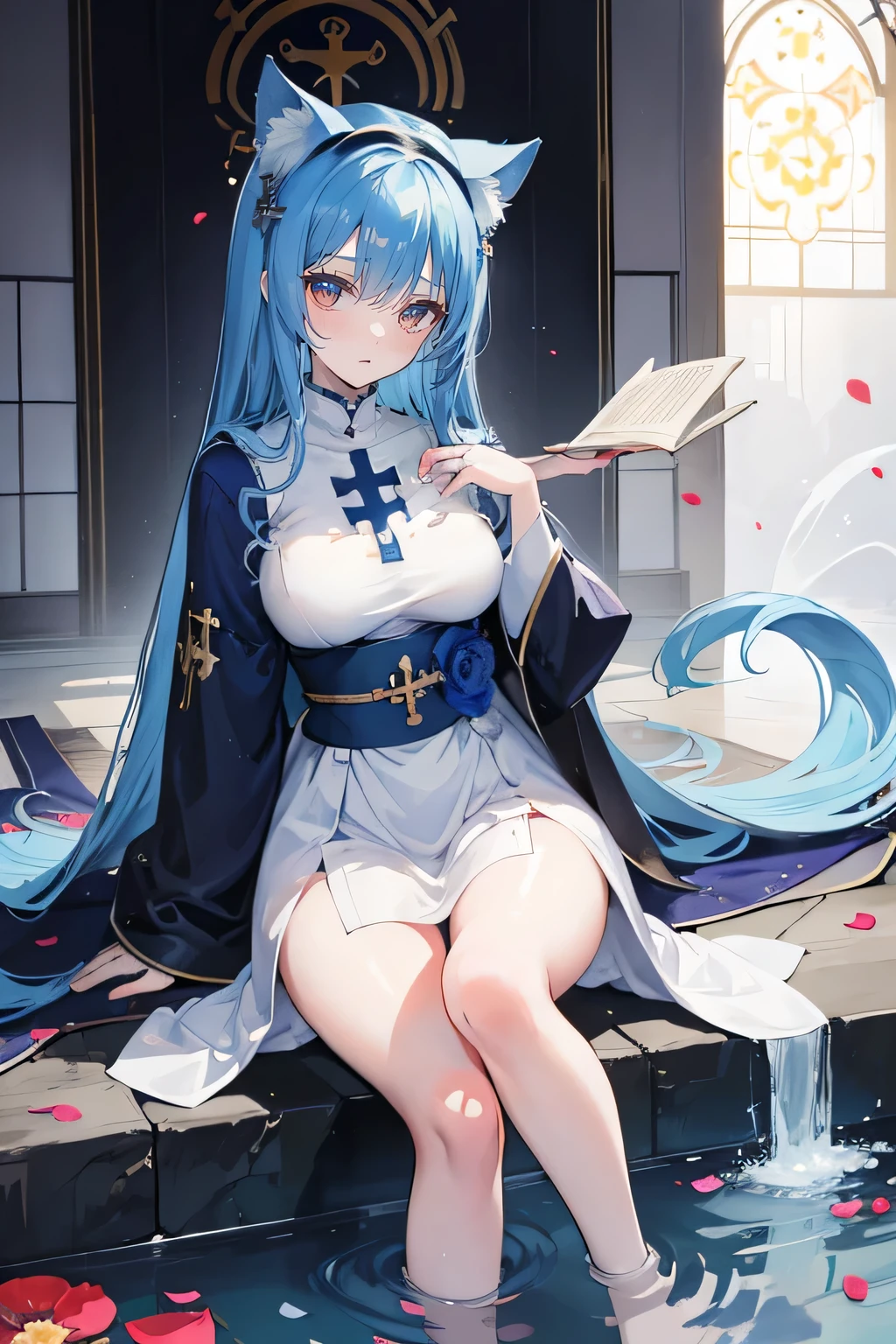 (masterpiece:1.2),Extremely detailed,Practical,expressive eyes,Fair skin,Perfect face shaping,1 Girl,
Japanese cartoons,Gorgeous blue hair, the long flowing blue hair,Floating clothes,Cat ears,Petals fall,beautiful lola,Young Angel,
Place your hands on your waist,sit elegantly on the ground,Cross your legs,Gentle and peaceful background,church,Nun's Clothes,back view,lie on the water.