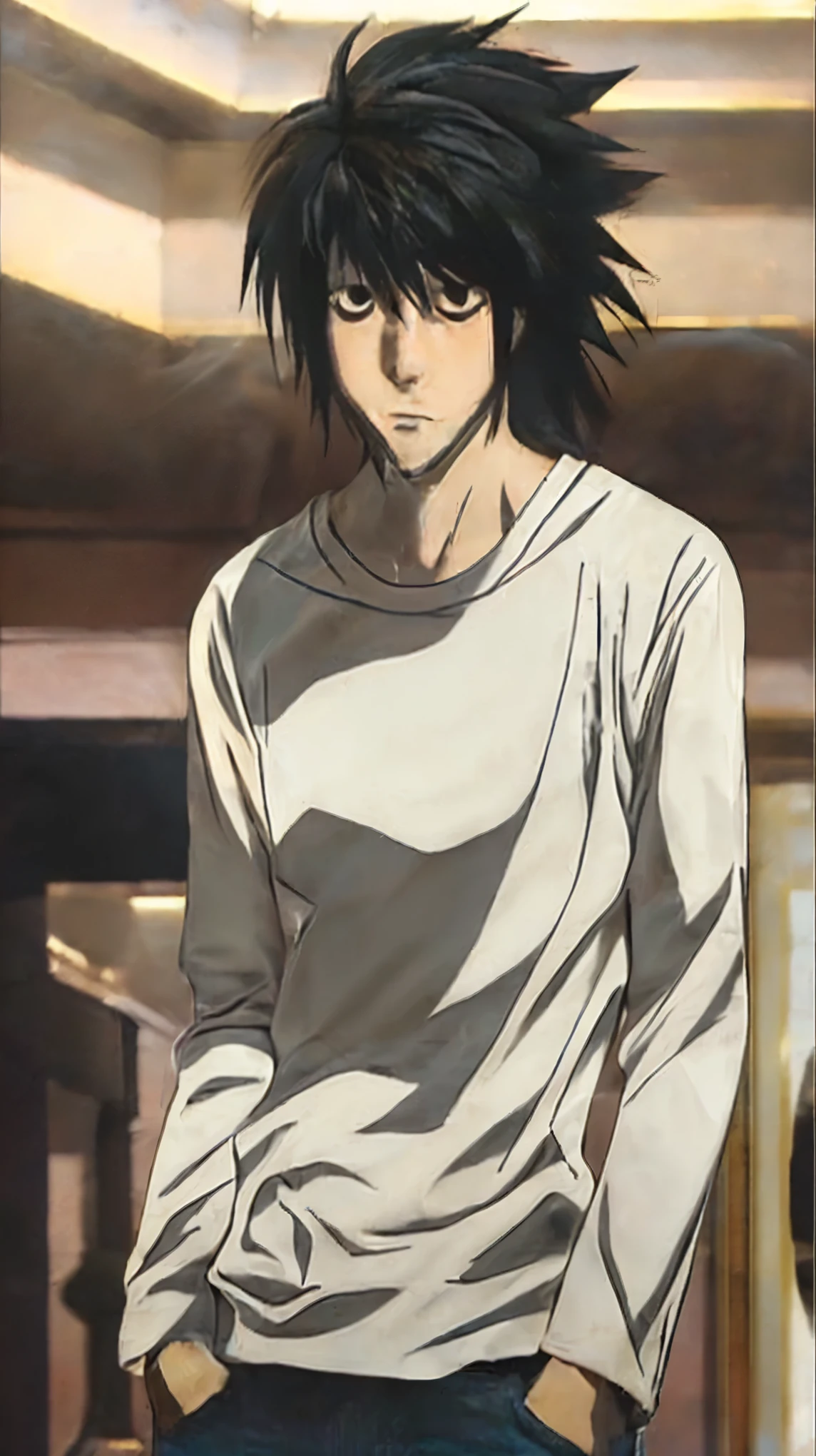 masterpiece, best quality, (extremely detailed CG unity 8k wallpaper), (best quality), (best illustration), (best shadow), absurdres, realistic lighting, (Abyss), beautiful detailed glow, art by PeterMohrBacher.Create a hyperrealistic image of L Lawliet from Death Note. L is depicted standing casually, leaning slightly forward with his hands in his pockets. He has a slim, slightly hunched figure and is wearing his iconic outfit: a plain, wrinkled long-sleeved white shirt and dark blue jeans. His disheveled black hair is medium-length, spiky, and frames his face. L's large, dark, intense eyes have prominent dark circles, reflecting his sleepless nights and deep thinking.The setting is indoors, in a well-lit room with warm ambient light. The background shows modern furniture and subtle wall decor, but it is slightly blurred to keep the focus on L. His expression is serious and contemplative, highlighting his analytical nature. Emphasize the textures of his clothing, the messy strands of his hair, and the realistic rendering of his facial features, including shadows and highlights that define his intense gaze and tired appearance.