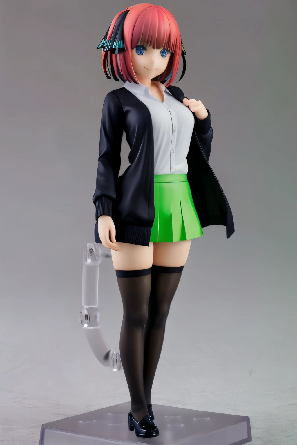 masterpiece, best quality, highres, realistic, cosplayer, nn1, 1girl, hair ribbon, blue eyes, short hair , green skirt, white shirt, black cardigan, open clothes, white thighhighs, long sleeves, cowboy shot, standing, smile, full body, nendoroid