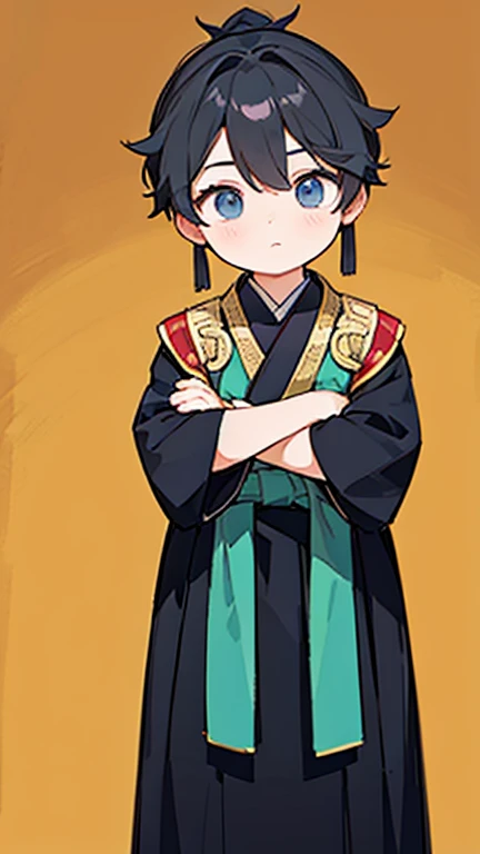 Three Kingdoms、Boy in ancient Chinese costume、Intelligent boy、Looking into the camera、There is a topknot on the head、Long sleeve、Hanfu、Black Hair、Standing and posing with arms crossed