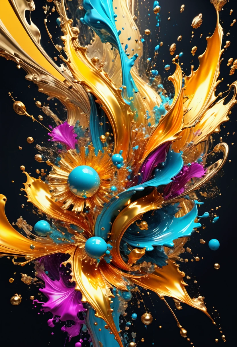 Vibrant shiny liquid gold metallic artistic representation in splash ink style ,A masterpiece of art explosion, Digital smooth liquid golden metal manifold complex,

                        elegant, vast, excellent, Vibrant black background