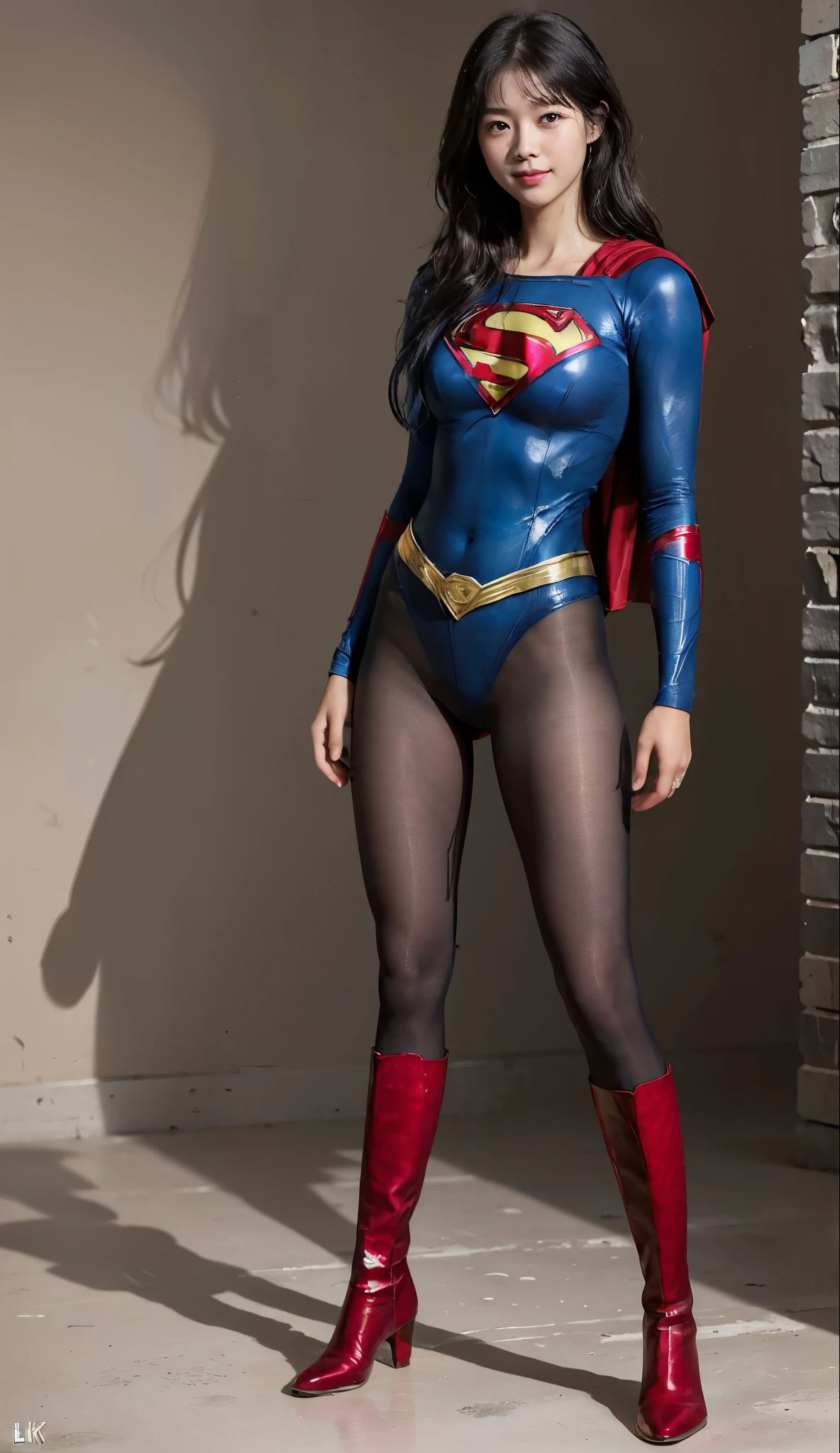 No background、(((Beautiful legs in black tights.)))、(((Legally express the beauty of your smile)))、((((Make the most of your original images)))、(((Supergirl Costume)))、(((Beautiful short hair)))、(((Smiles and winks)))、(((Please wear black tights....、Wear red boots)))、((Best image quality、8k))、((highest quality、8k、masterpiece:1.3))、(((Preserve background )))、Sharp focus:1.2、Beautiful woman with perfect figure:1.4、Slim Abs:1.2、Wet body:1.5、Highly detailed face and skin texture、8k