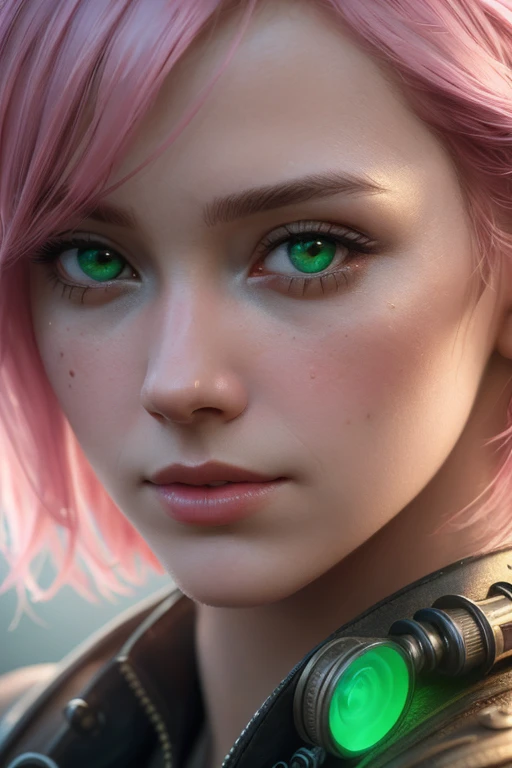((best quality)), ((masterpiece)), ((realistic)), (detailed) illustration photographic , beautiful face, cute, steampunk girl , pink hair colour, perfect composition,cyberpunk street wear , hd octane render, messy wob cut,high resolution scan, masterpiece, hyperrealism, delicate detailed complex, highly detailed, intricate detailed, volumetric lighting, light reflection, highly detailed concept art, trending on artstation, vivid colors, melancholic, green poison cloud background, loneliness, depressing, hopelessness, suffering (((close up face shoot))), dim lights, 8k uhd, realistic, Nikon z9, raytracing, focus face, (sharpness:2. 0)