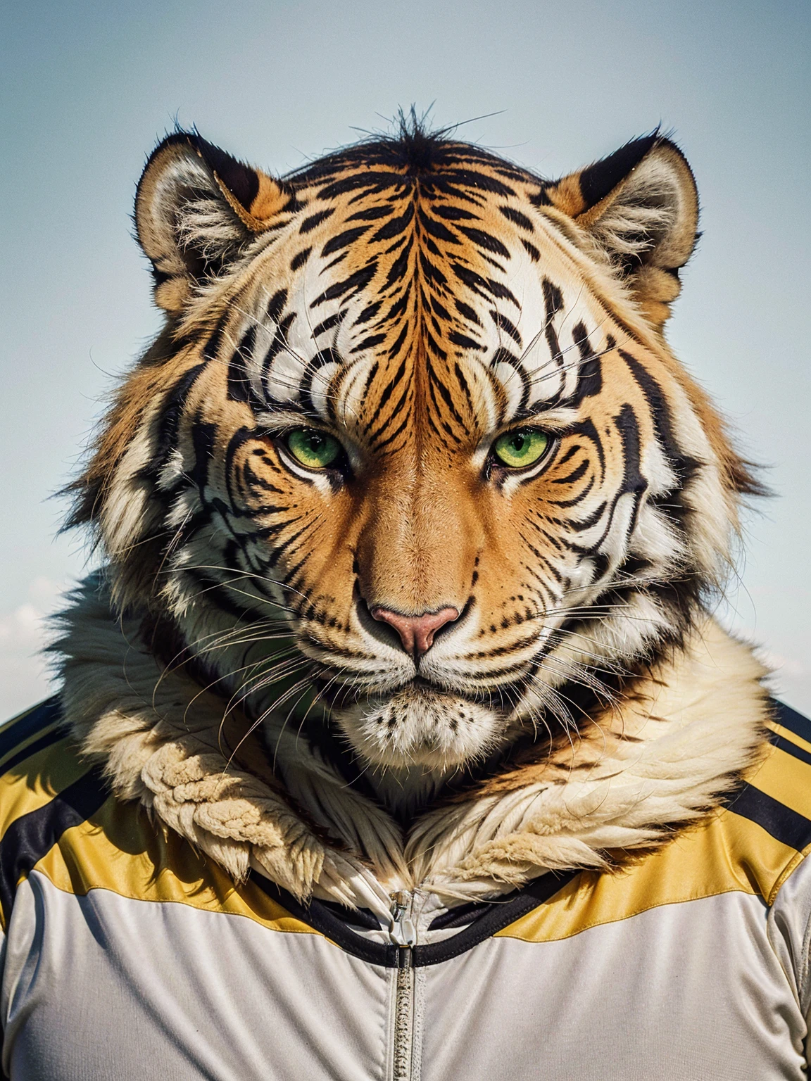 a hyper realistic photograph of 1 tiger wearing a sport Jersey, with incredibly detailed yellow-green eyes, ultra realistic fur, masterpiece, best quality, 4k, 8k, highres, extremely detailed, vivid colors, photo-realistic, studio lighting, physically-based rendering, angry face