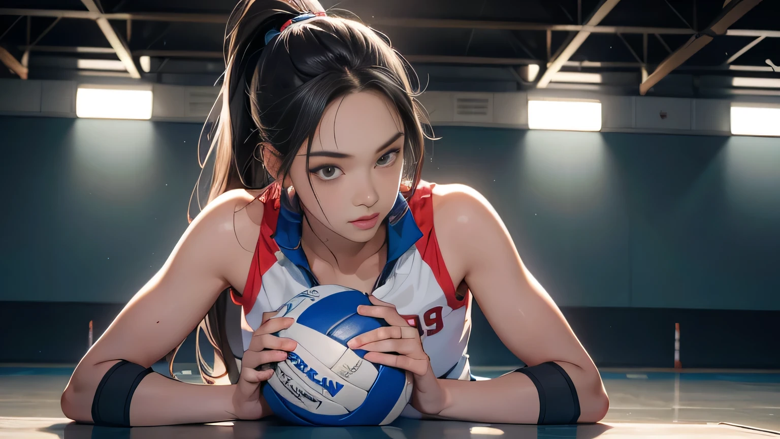 Volleyball player, sensual, very short shorts, sensual, realistic, long hair, black, 4k, realistic photo, realistic lighting, small breasts, back, sitting on top of the ball
