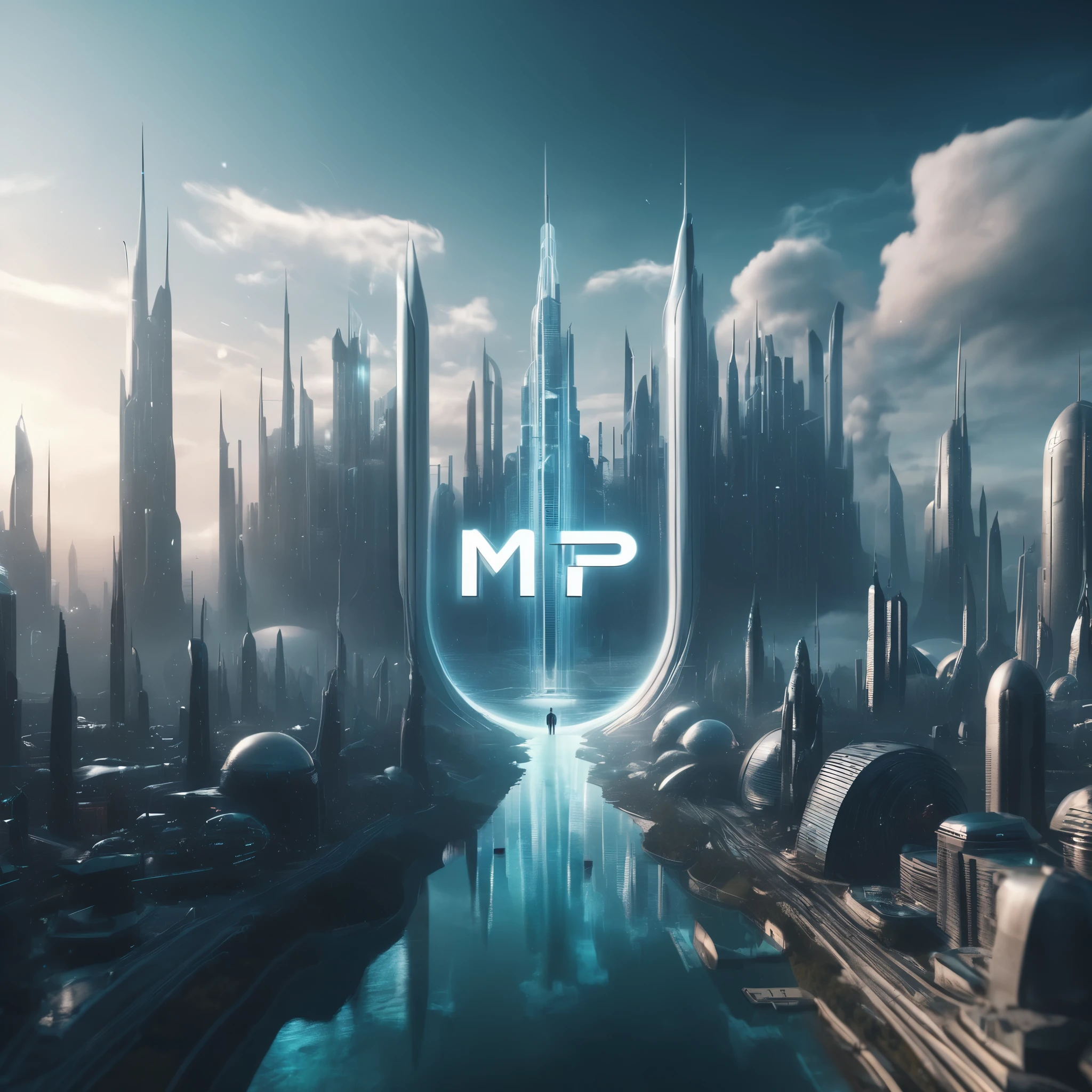 a futuristic city with the word MP in front of it, 3d character art, single logo, inspired by Mikoláš Aleš, by Emiliano Di Cavalcanti, magic lighting overlays, in style of niko pirosmani, tvp, season 3 ( 1 9 9 7 ), app, n 2, 3d cg