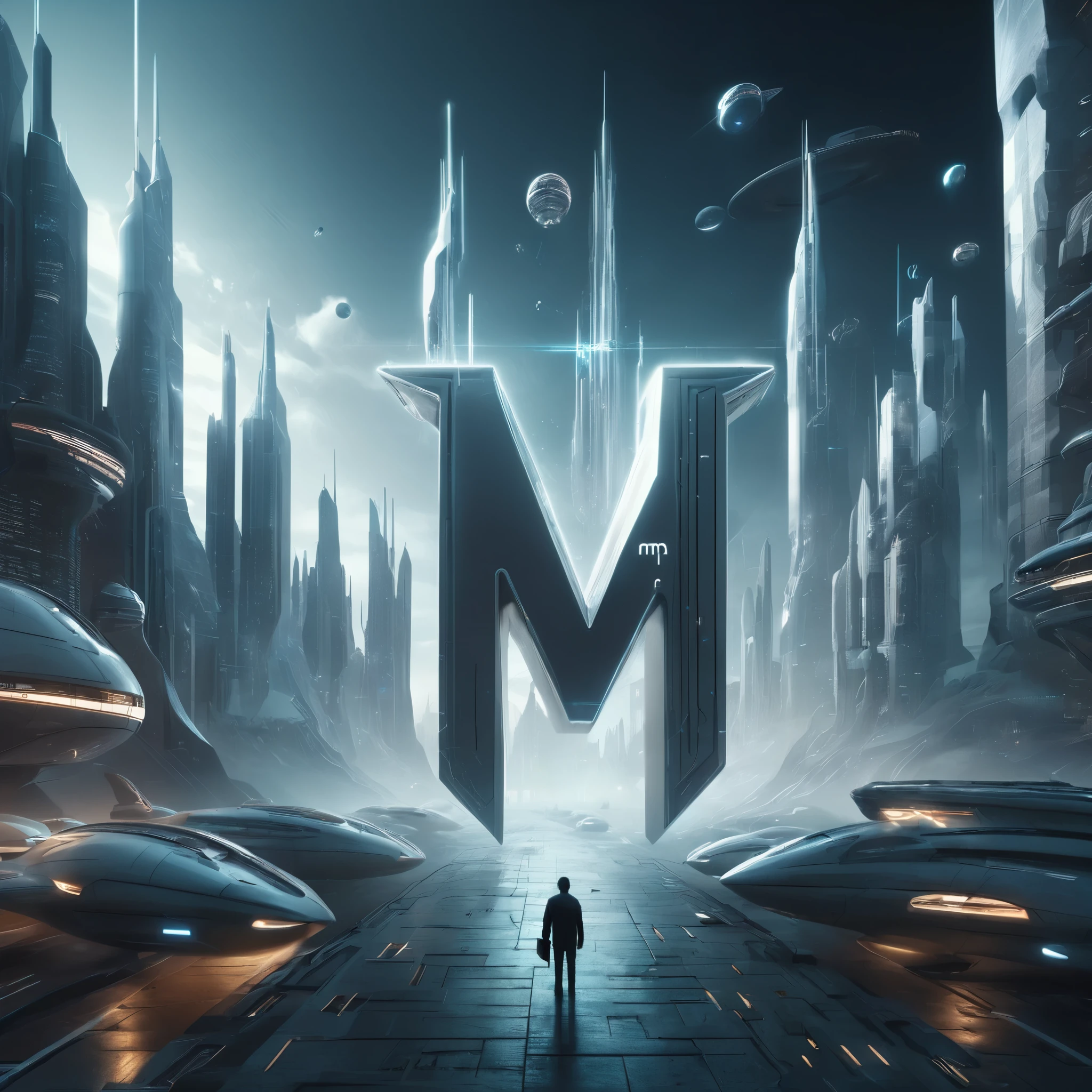 a futuristic city with the word MP in front of it, 3d character art, single logo, inspired by Mikoláš Aleš, by Emiliano Di Cavalcanti, magic lighting overlays, in style of niko pirosmani, tvp, season 3 ( 1 9 9 7 ), app, n 2, 3d cg