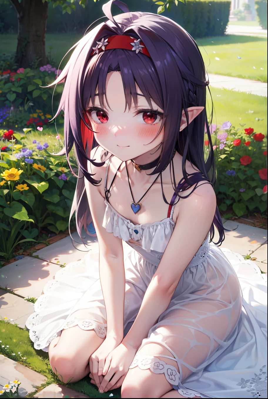 yuukikonno, Konno Yuuki, hair band, Long Hair, Pointed Ears, Purple Hair, (Red eyes:1.5), (Small breasts:1.2), Squint both eyes,blush,happy smile, smile, Close your mouth,White sleeveless dress,Bare arms,Heart Pendant,Long skirt,Barefoot flower crown,whole bodyがイラストに入るように,Sitting,Looking up from below,
break looking at viewer, whole body,
break outdoors, nature,Flower Field,
break (masterpiece:1.2), highest quality, High resolution, unity 8k wallpaper, (figure:0.8), (Beautiful fine details:1.6), Highly detailed face, Perfect lighting, Highly detailed CG, (Perfect hands, Perfect Anatomy),