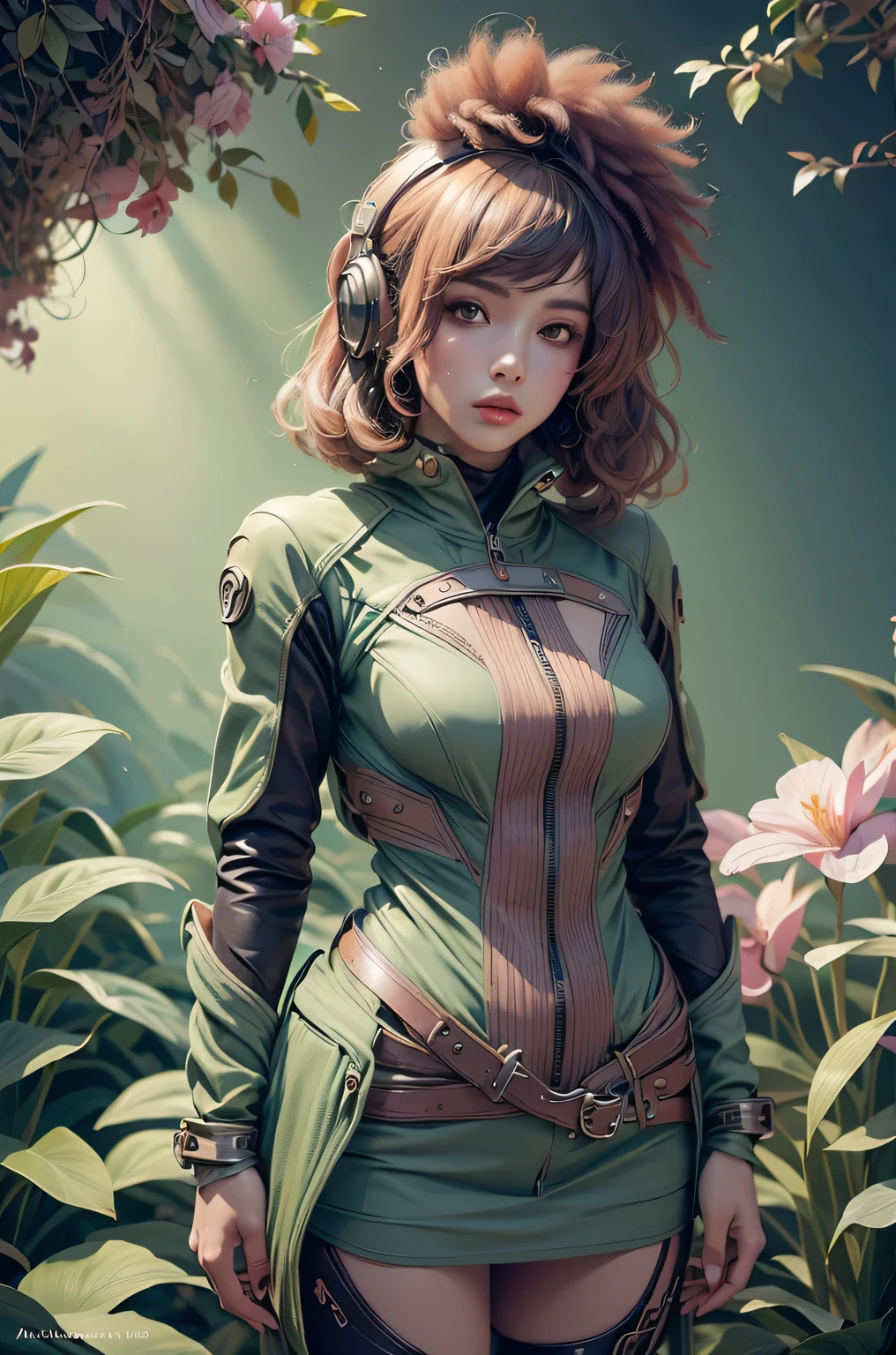 album cover, Adriano Tomine, Akihiko Yoshida, Alphonse Mucha, afrofuturismo, design biofílico |, Expressionismo abstrato(1belissima mulher com roupa techwear, cabos, fios)fundo abstrato detalhado