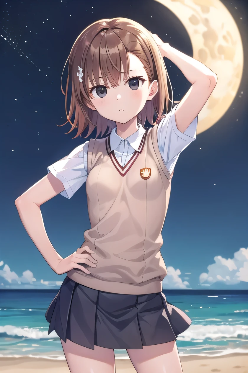 short hair, brown hair, black eyes, empty eyes, sweater vest, shirt, skirt, white shirt, pleated skirt, v-neck, short sleeves, tokiwadai , misaka imouto, solo, night sky, beach, arm behind head, hand on hip, contrapposto, spread armpits, closed mouth, (cowboy shot:1.5), looking at viewer, best quality,