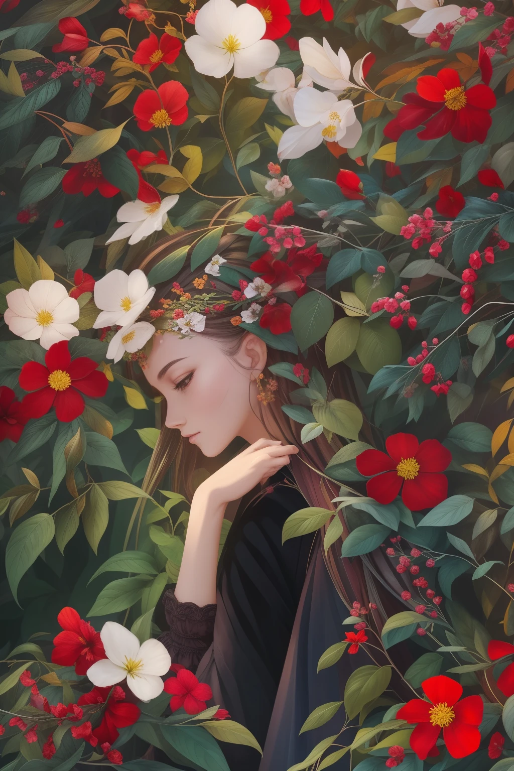 there is a red and yellow flower bush with green leaves, 🌺 cgsociety, beautiful deep colours, by Andrei Kolkoutine, by Alison Geissler, rich deep colors. a masterpiece, surreal waiizi flowers, deep colours. ”, beautiful deep colors, by Anna Füssli, nature and floral aesthetics, covered in flame porcelain vine, dark flowers