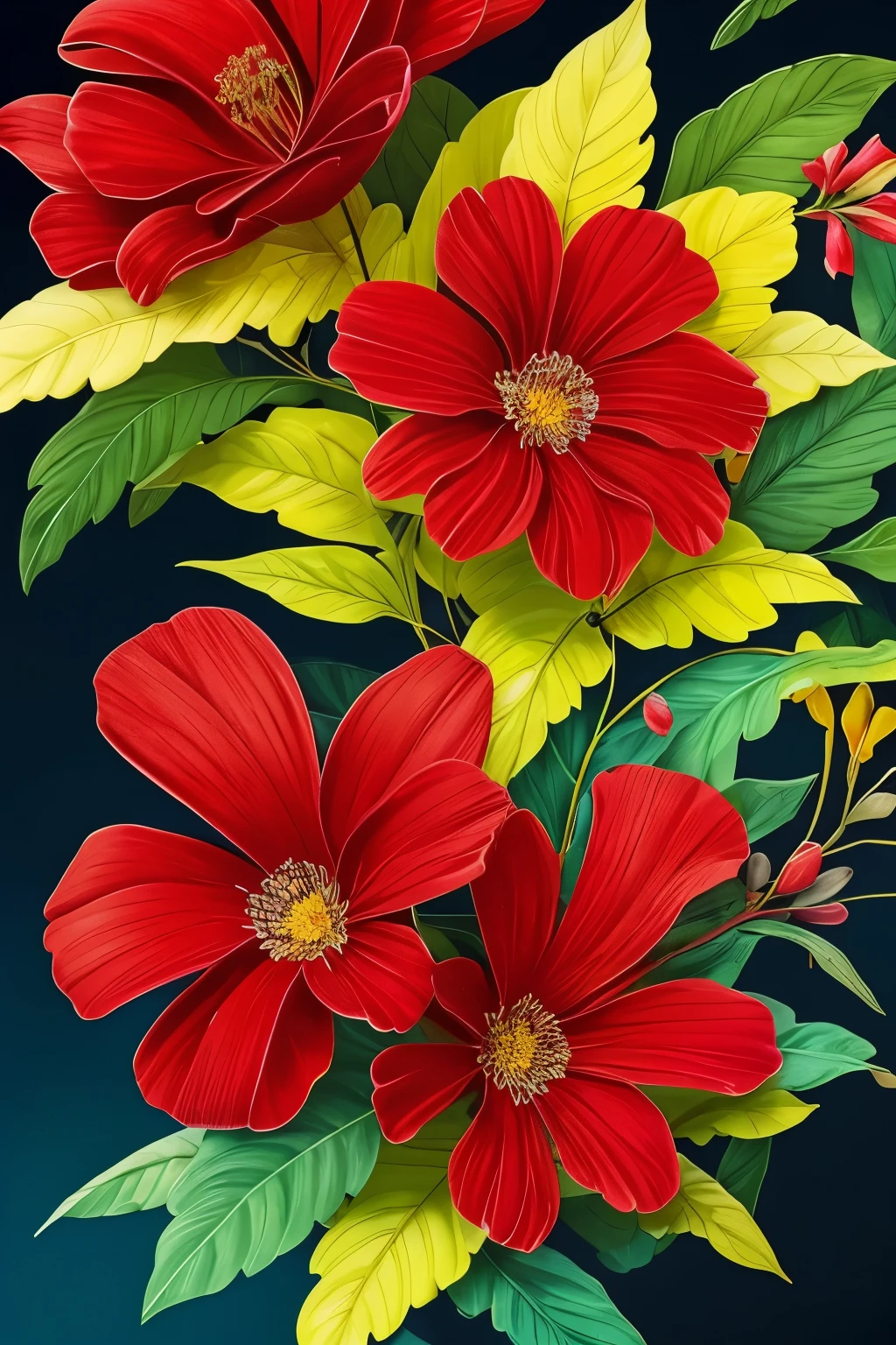 there is a red and yellow flower bush with green leaves, 🌺 cgsociety, beautiful deep colours, by Andrei Kolkoutine, by Alison Geissler, rich deep colors. a masterpiece, surreal waiizi flowers, deep colours. ”, beautiful deep colors, by Anna Füssli, nature and floral aesthetics, covered in flame porcelain vine, dark flowers