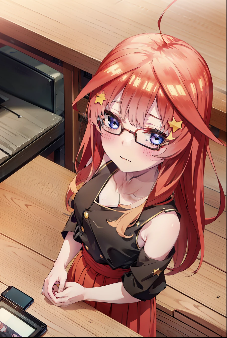 itsukinakano, Itsuki Nakano, bangs, blue eyes, Hair between the eyes, Ahoge, Redhead, star \(symbol\), hair ornaments, star hair ornaments,smile,blush,Akagi glasses,Cold shoulder tops,Long skirt,Stiletto heels,whole bodyがイラストに入るように,interior,There is a computer on the table,Looking down from above,
break indoors, オフィス
break looking at viewer, whole body,
break (masterpiece:1.2), highest quality, High resolution, unity 8k wallpaper, (figure:0.8), (Beautiful fine details:1.6), Highly detailed face, Perfect lighting, Highly detailed CG, (Perfect hands, Perfect Anatomy),