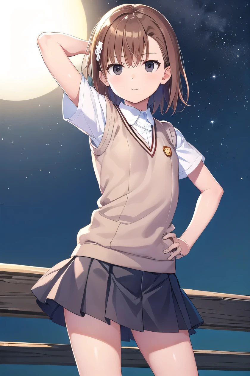 short hair, brown hair, black eyes, empty eyes, sweater vest, shirt, skirt, white shirt, pleated skirt, v-neck, short sleeves, tokiwadai , misaka imouto, solo, night sky, beach, arm behind head, hand on hip, contrapposto, spread armpits, closed mouth, (cowboy shot:1.5), looking at viewer, best quality,