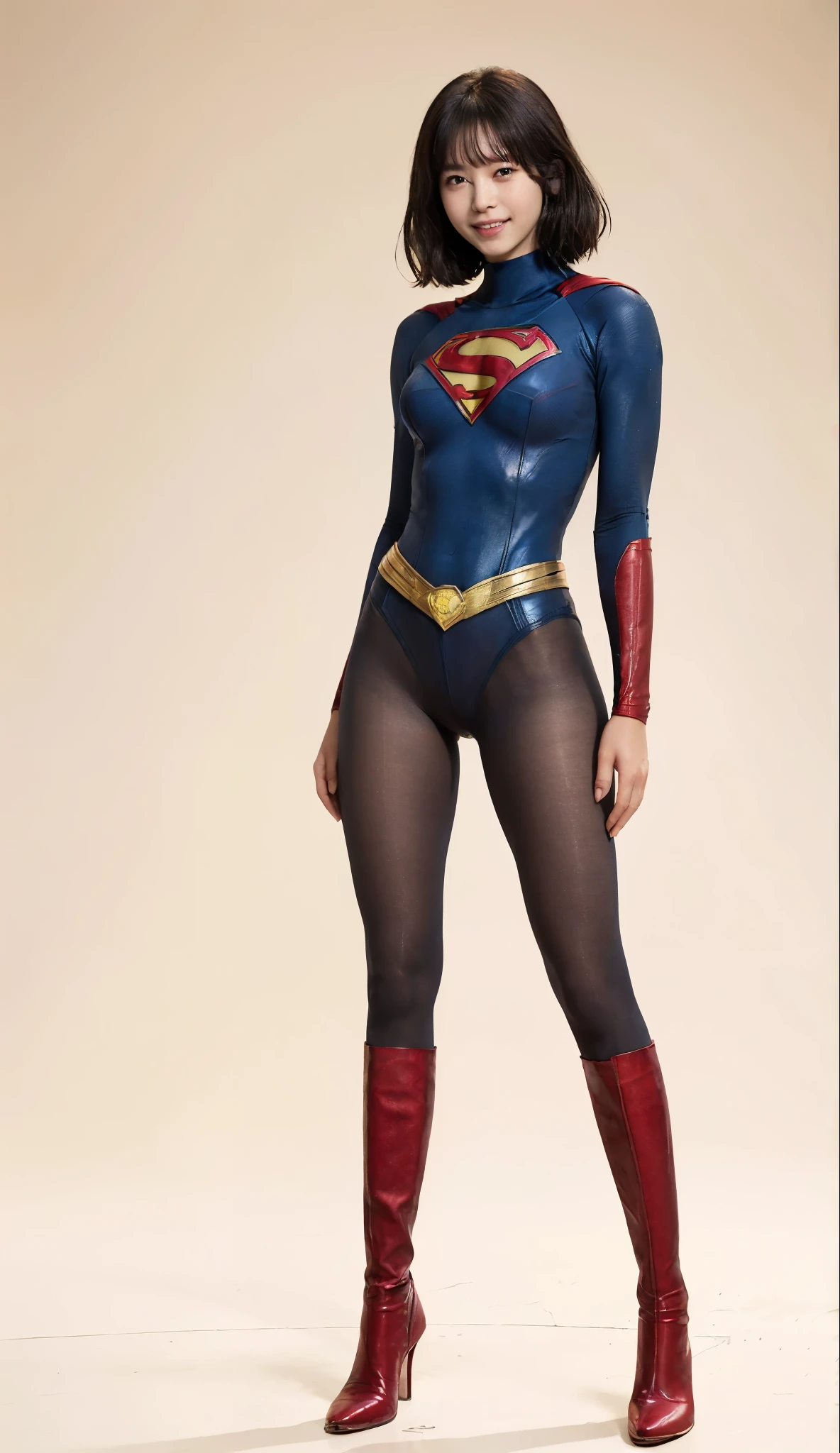 No background、(((Beautiful legs in black tights.)))、(((Legally express the beauty of your smile)))、((((Make the most of your original images)))、(((Supergirl Costume)))、(((Beautiful short hair)))、(((Smiles and winks)))、(((Please wear black tights....、Wear red boots)))、((Best image quality、8k))、((highest quality、8k、masterpiece:1.3))、(((Preserve background )))、Sharp focus:1.2、Beautiful woman with perfect figure:1.4、Slim Abs:1.2、Wet body:1.5、Highly detailed face and skin texture、8k