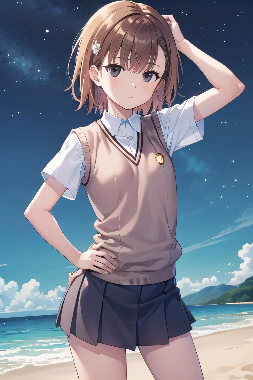 short hair, brown hair, black eyes, empty eyes, sweater vest, shirt, skirt, white shirt, pleated skirt, v-neck, short sleeves, tokiwadai , misaka imouto, solo, night sky, beach, arm behind head, hand on hip, contrapposto, spread armpits, closed mouth, (cowboy shot:1.5), looking at viewer, best quality,