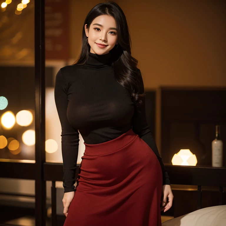 1 woman, long black hair, Huge Breasts, Breast bulge, Large Breasts, curvy body, wider hip, huge butt, round ass, show curve body, show her round huge butt, dark red turtleneck brown long skirt dress, pantyhose, long legs, (wearing dark red Floral turtleneck brown long skirt dress,), standing, bedroom Background, mid shot, Bokeh Effect, sparkling particles, Smile and Look at Viewer,