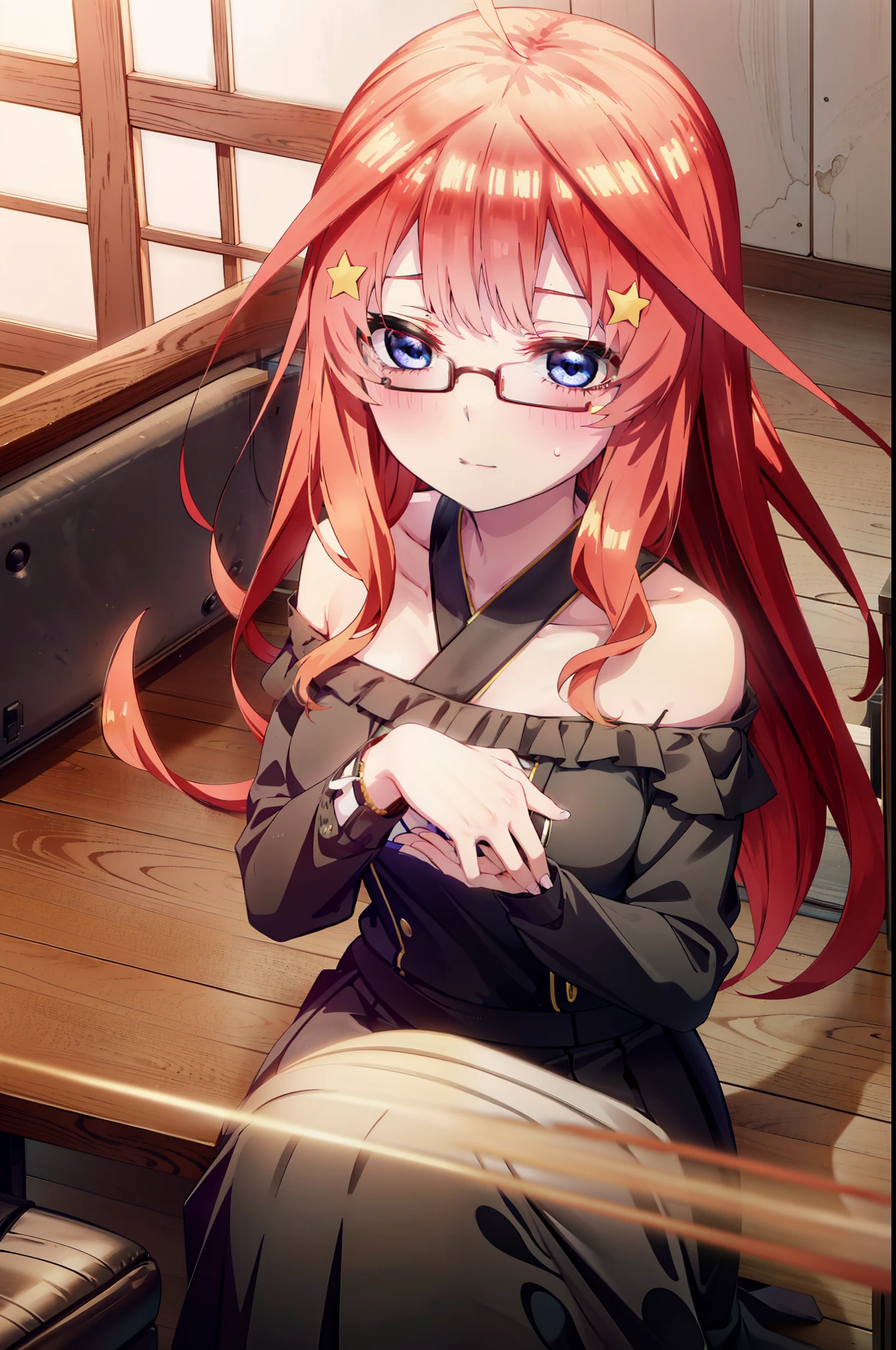 itsukinakano, Itsuki Nakano, bangs, blue eyes, Hair between the eyes, Ahoge, Redhead, star \(symbol\), hair ornaments, star hair ornaments,smile,blush,Akagi glasses,Cold shoulder tops,Long skirt,Stiletto heels,whole bodyがイラストに入るように,interior,There is a computer on the table,Looking down from above,
break indoors, オフィス
break looking at viewer, whole body,
break (masterpiece:1.2), highest quality, High resolution, unity 8k wallpaper, (figure:0.8), (Beautiful fine details:1.6), Highly detailed face, Perfect lighting, Highly detailed CG, (Perfect hands, Perfect Anatomy),