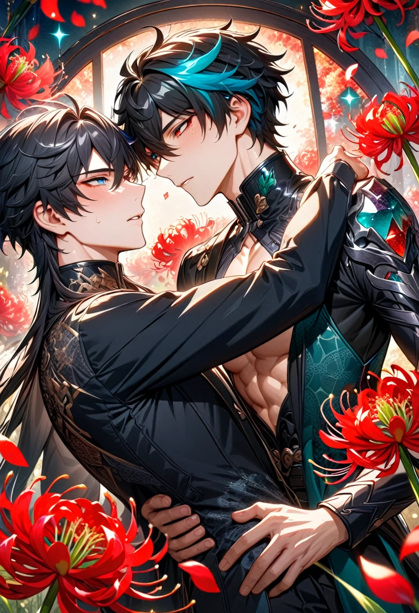 (absurdres, highres, ultra detailed, HDR) master piece, best quality, blade, black long hair, expressive red eyes, honkai star rail, Danheng, black long hair, expressive blue eyes, two sexy men together, gay couple, yaoi, handsome, toned chest, black clothes, white clothes, patterns, magical fantasy, pink butterflies, glittering, sparkling, pink lotus, water, pink moon, blossoms, radiant